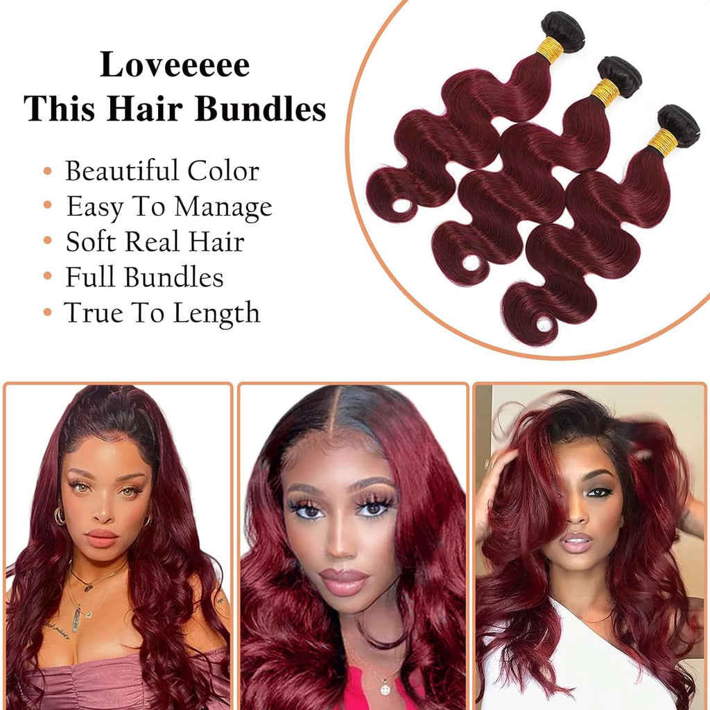 1B/99J Ombre Body Wave Bundles Human Hair 3 Bundles Human Hair Body Wave 100% Unprocessed Brazilian Virgin Hair(1B/99J-Bb-26 28 30Inch)