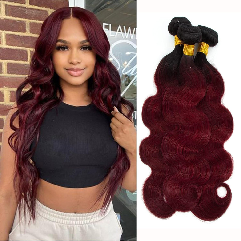 1B/99J Ombre Body Wave Bundles Human Hair 3 Bundles Human Hair Body Wave 100% Unprocessed Brazilian Virgin Hair(1B/99J-Bb-26 28 30Inch)