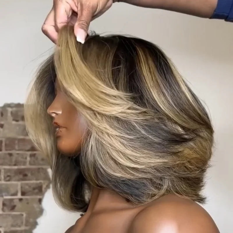 Velara Hair HD Lace Human Hair Bob Wig – 5x5 Closure Highlight Balayage Blonde Brown Pre-Plucked 250%–300% Density Brazilian Wig