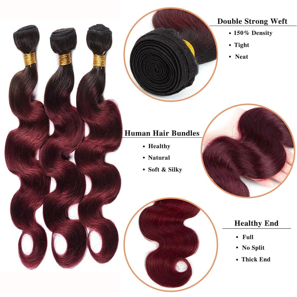 1B/99J Ombre Body Wave Bundles Human Hair 3 Bundles Human Hair Body Wave 100% Unprocessed Brazilian Virgin Hair(1B/99J-Bb-26 28 30Inch)